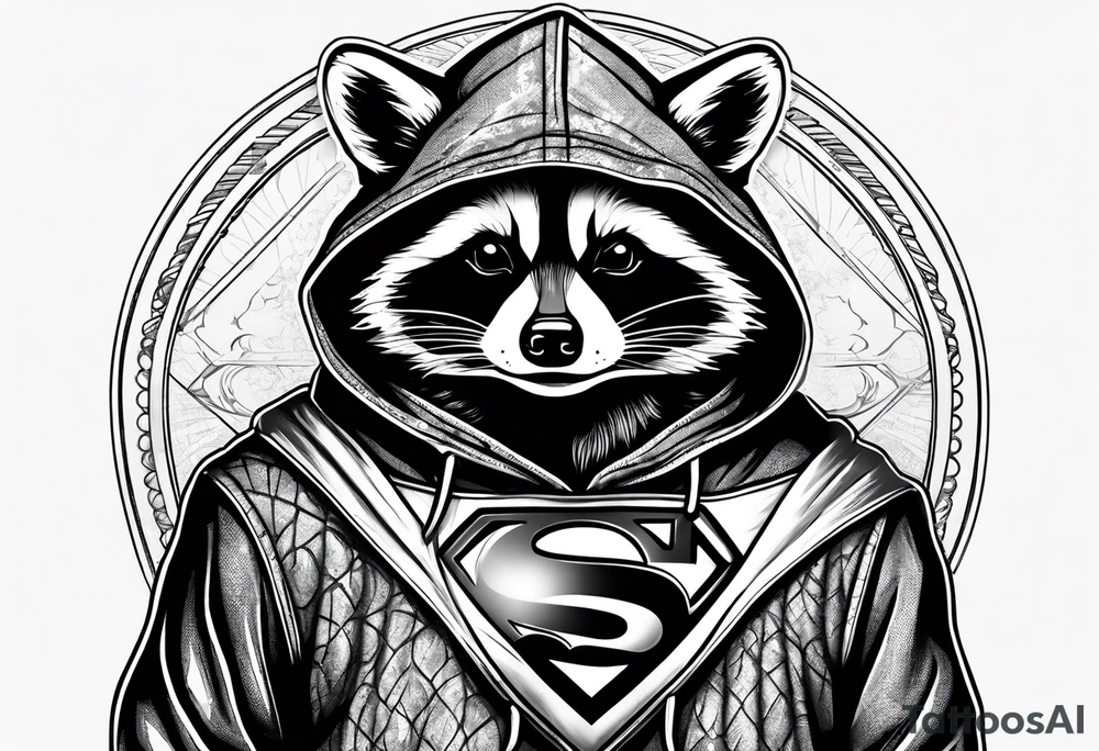 raccoon wearing a Superman hoodie tattoo idea