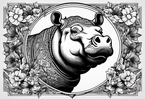 A symbolic hippo head with a detailed realistic full moon on upper right corner and wintersweet flower on lower left corner, looking like a totem tattoo idea