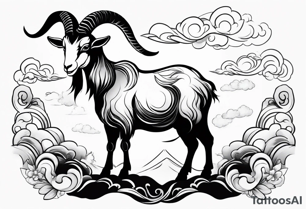 full body goat with clouds in japanese style tattoo idea