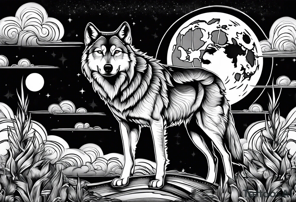 Wolf moon cross clouds tattoo idea