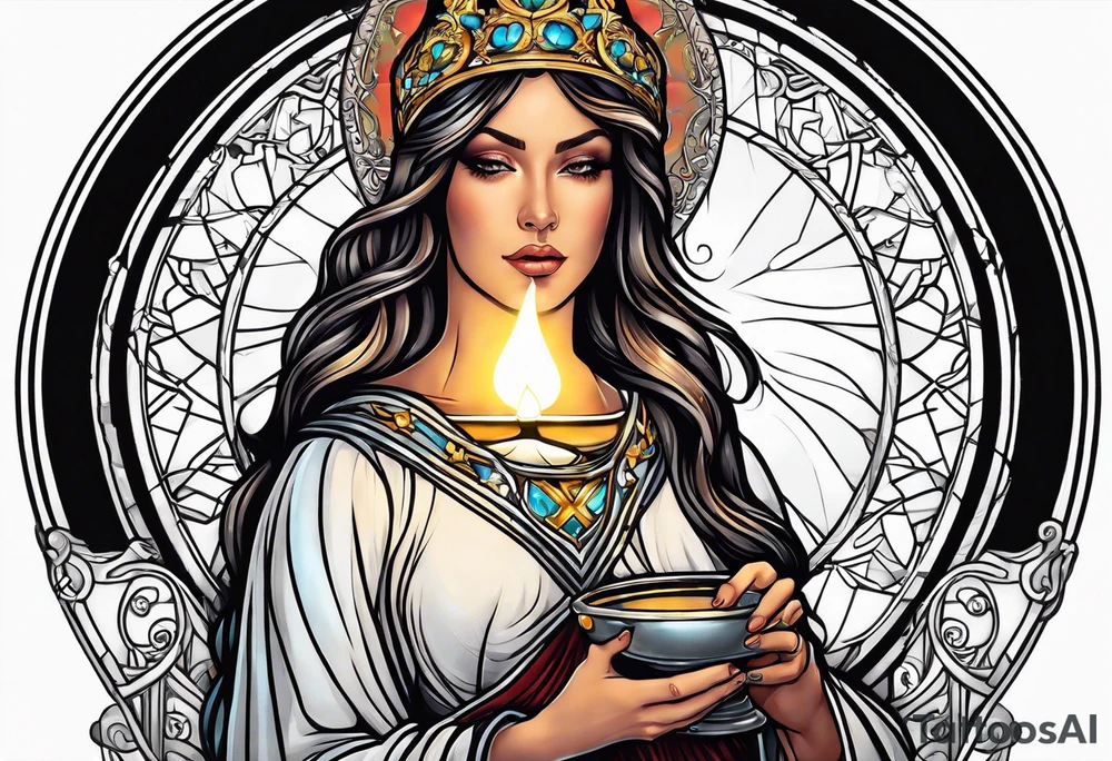 holy saint woman with halo holding a chalice tattoo idea