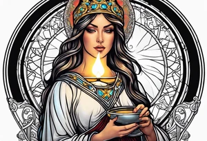 holy saint woman with halo holding a chalice tattoo idea