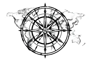 antique compass rose overlaid on weathered world map with sailing ships tattoo idea