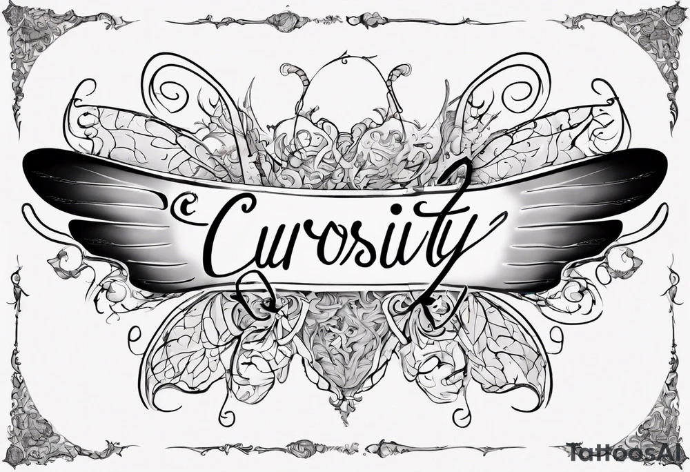 The word 'Curiosity' in cursive, intertwined with a fairy wing. tattoo idea The word 'Curiosity' in cursive, intertwined with a fairy wing. tattoo idea