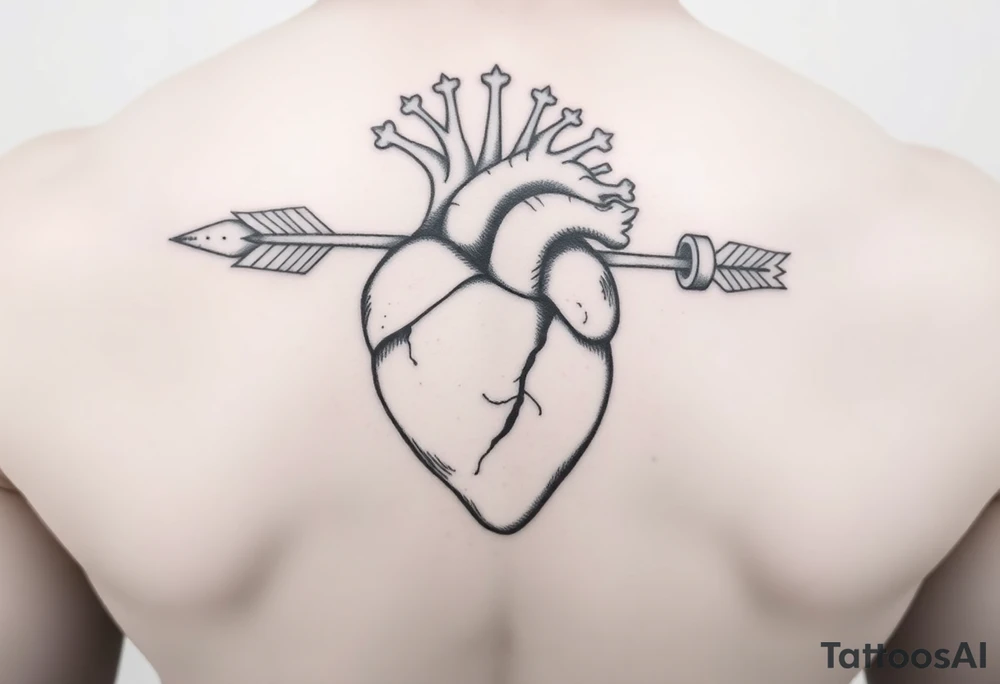 anatomical heart pierced by ornate arrow with flowing ribbons tattoo idea