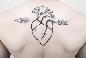 anatomical heart pierced by ornate arrow with flowing ribbons tattoo idea