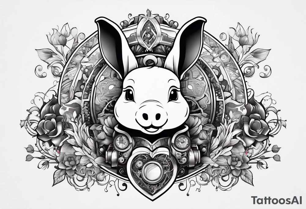 Looks like a rabbit cartoon pig with a mechanical heart tattoo idea