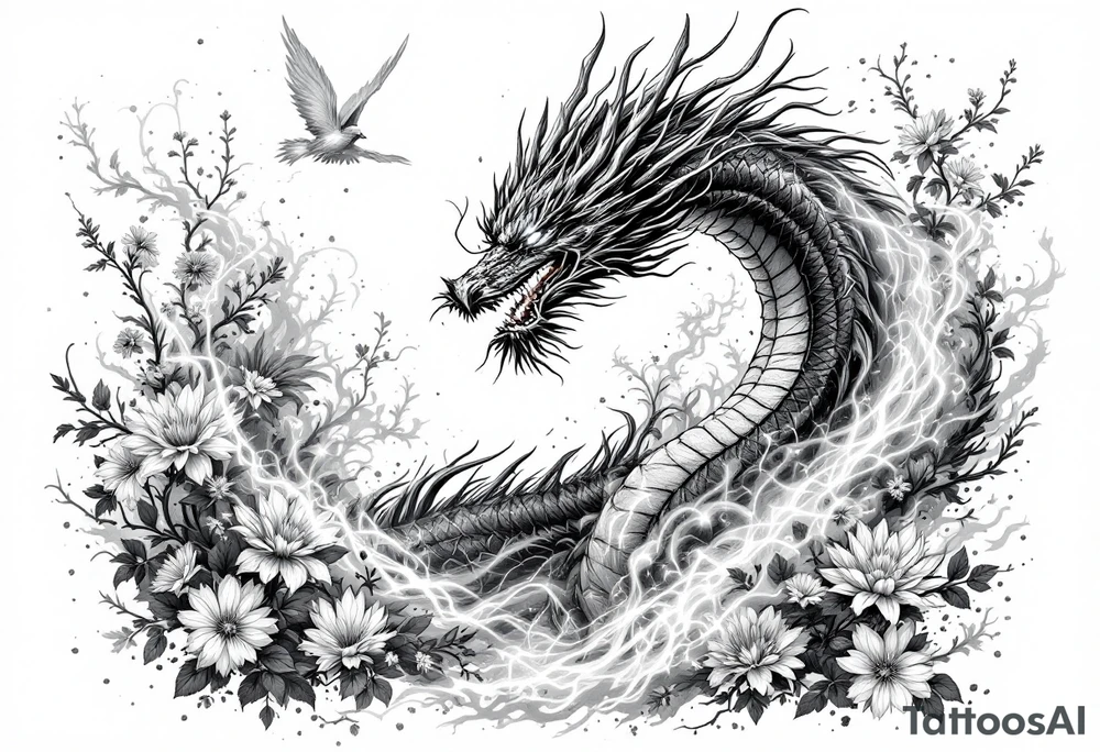 legendary dragon scene with energy aura flowers power effects tattoo idea