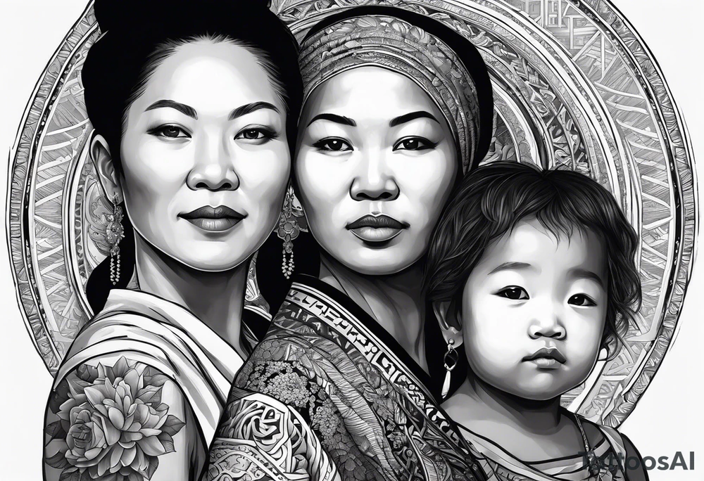 three  people side by side. a really really young black Daughter on the left, a wight mother in the middle, really really old asian grandmother on the right. greater age difference, in an artfully decorated frame tattoo idea