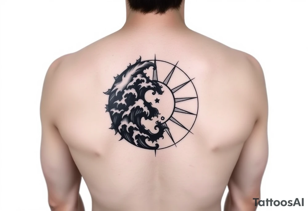 yin-yang one side storm one side sunshine meditative silhouette tattoo idea
