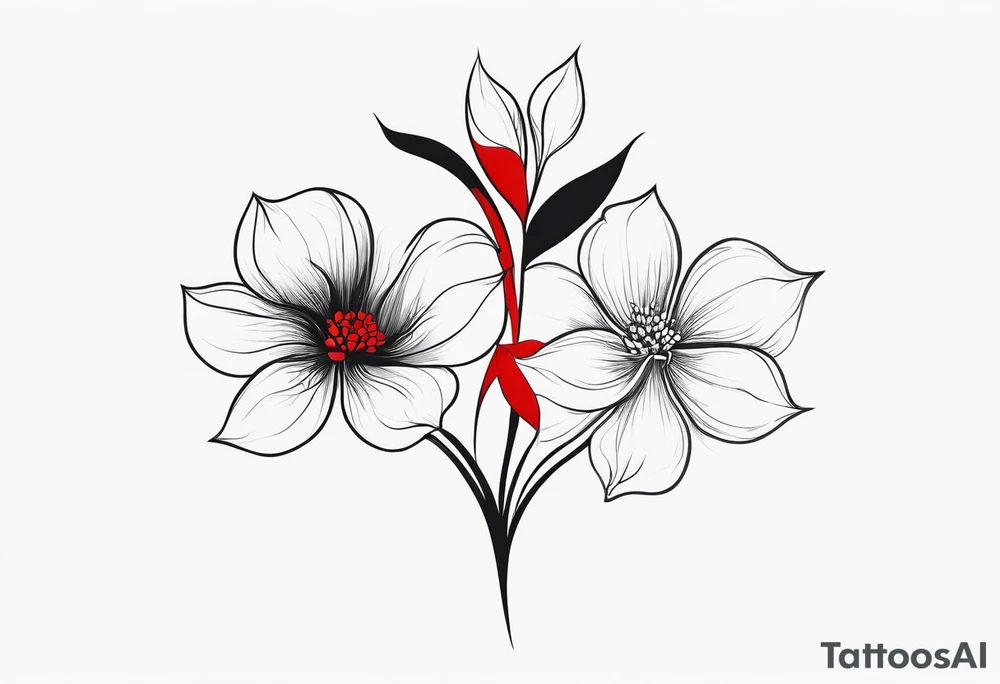 Two flowers coming together vertically, one red and one black and their stems are like smoke tattoo idea