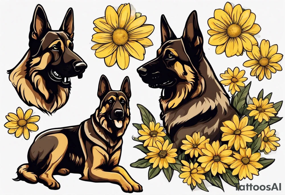 Dark Brown German shepherd portrait surrounded by yellow daisies tattoo idea
