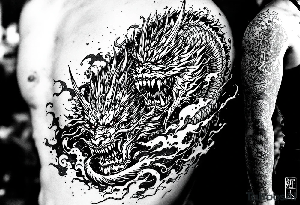 Japanese style with an oni mask, dragon and samurai warrior tattoo idea