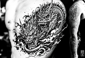 Japanese style with an oni mask, dragon and samurai warrior tattoo idea