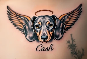 Dachshund ears between wings with a halo above and the name Cash tattoo idea