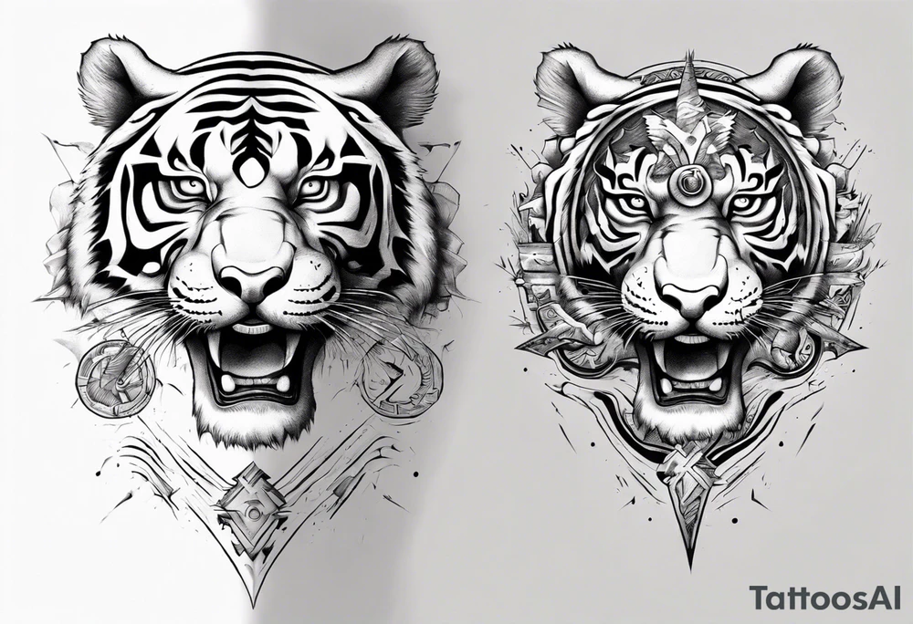 Ancient tiger with lightning and a sun for a forearm sleeve. With patterns surrounding it tattoo idea Ancient tiger with lightning and a sun for a forearm sleeve. With patterns surrounding it tattoo idea
