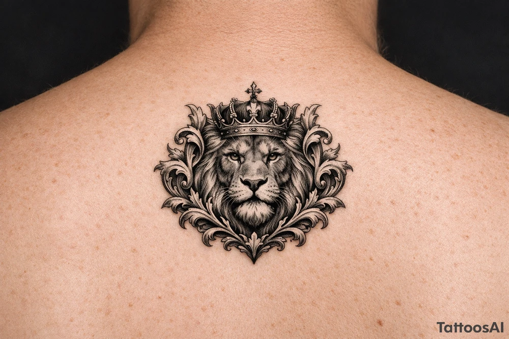 powerful majestic lion with a crown, framed by ornate floral scrollwork tattoo idea