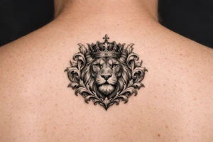 powerful majestic lion with a crown, framed by ornate floral scrollwork tattoo idea