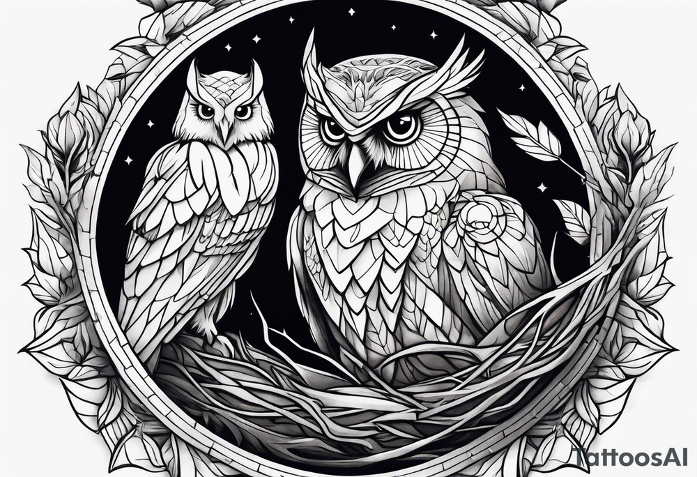 Owl, raven, eagle cuddled in a nest, birdseye view tattoo idea