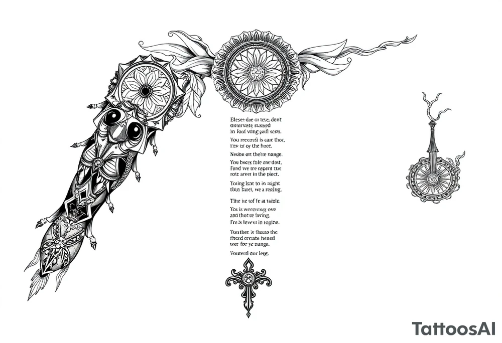 long shaman and witch  style mytical sleeve with ancient rhyme tattoo idea