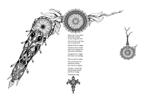 long shaman and witch  style mytical sleeve with ancient rhyme tattoo idea