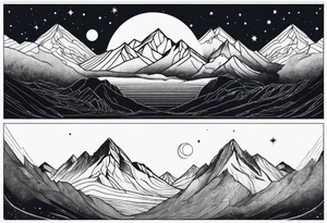 mountain and space in thick line art tattoo idea