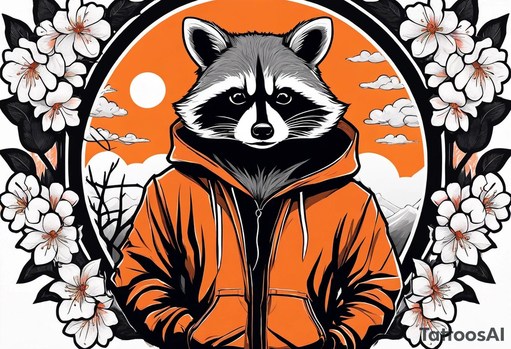 Raccoon wearing a white Superman logo on a black hoodie and orange Japanese cherry blossoms tattoo idea