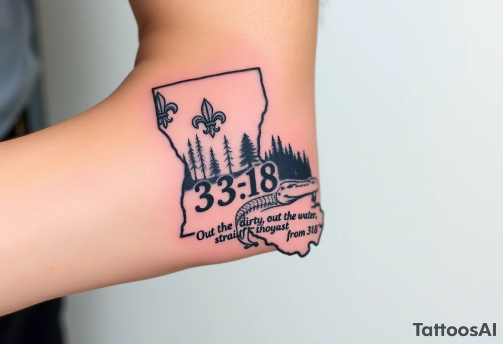 Louisiana state outline with fleur-de-lis, a bayou with a gator and trees , the 318 area code and and quote that says  Out the dirt, out the water, straight from 318 , a sign that says I- 20 tattoo idea