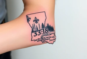 Louisiana state outline with fleur-de-lis, a bayou with a gator and trees , the 318 area code and and quote that says  Out the dirt, out the water, straight from 318 , a sign that says I- 20 tattoo idea