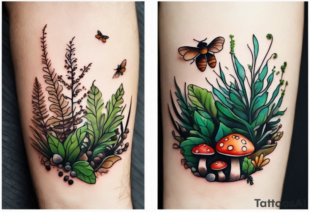 minimalistic forest floor inspired tattoo, which includes grass, moss, curly ferns and dead leaves as the bulk of the tattoo. details to include: forest berries, couple of very small brown mushrooms, a tiny bumblebee flying nearby tattoo idea