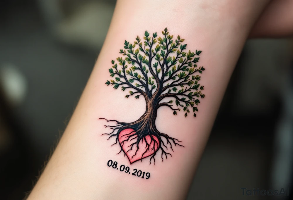 A tree with a strong trunk, and the roots forming a heart shape at the base with date "08. 09. 2019". Small leaves gently flutter around the branches. Earthy browns for the trunk, rich green for the leaves, and soft red and pink tones for the heart-shaped roots. tattoo idea