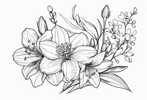 fine line flowers, vines, lily of the valley flower, aster flower, narcissus flower, arm sleeve tattoo idea