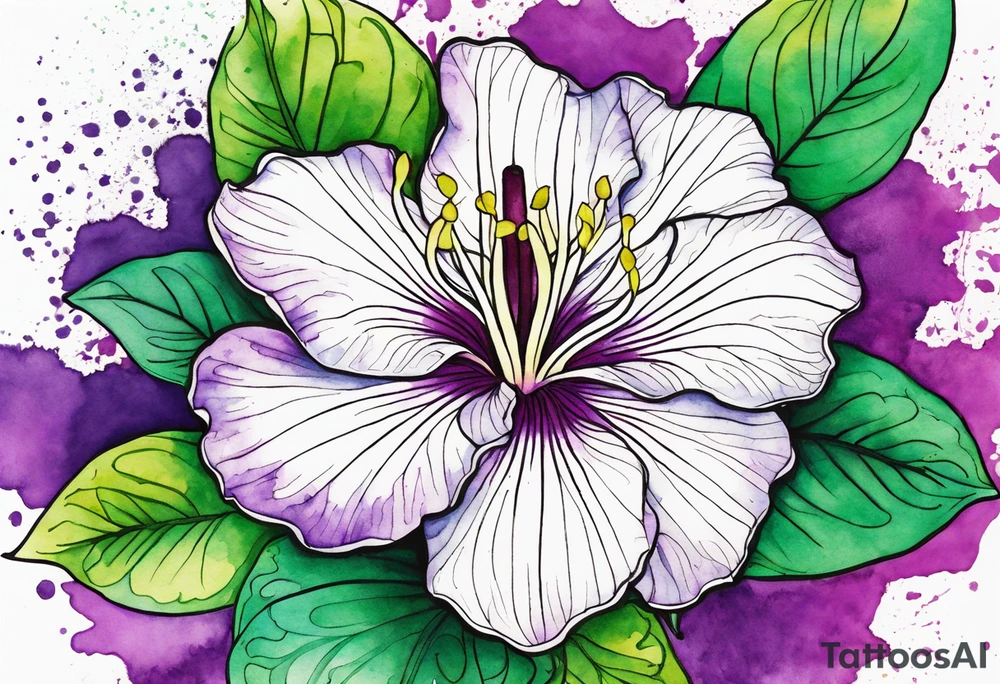 An outline of a rio dipladenia flower with green pedals and a purple watercolor splash in the background tattoo idea