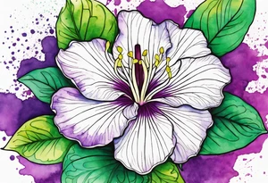 An outline of a rio dipladenia flower with green pedals and a purple watercolor splash in the background tattoo idea