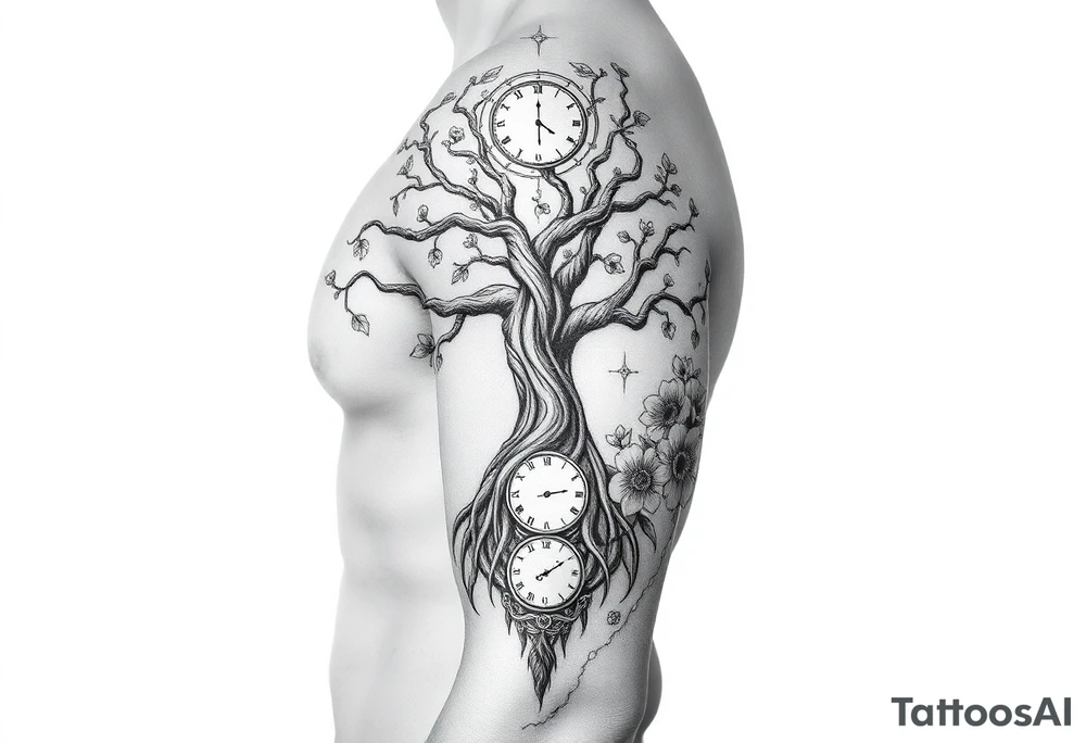 tree of life with cosmic roots and celestial branches, clock, flowers, tattoo idea