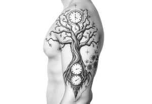 tree of life with cosmic roots and celestial branches, clock, flowers, tattoo idea
