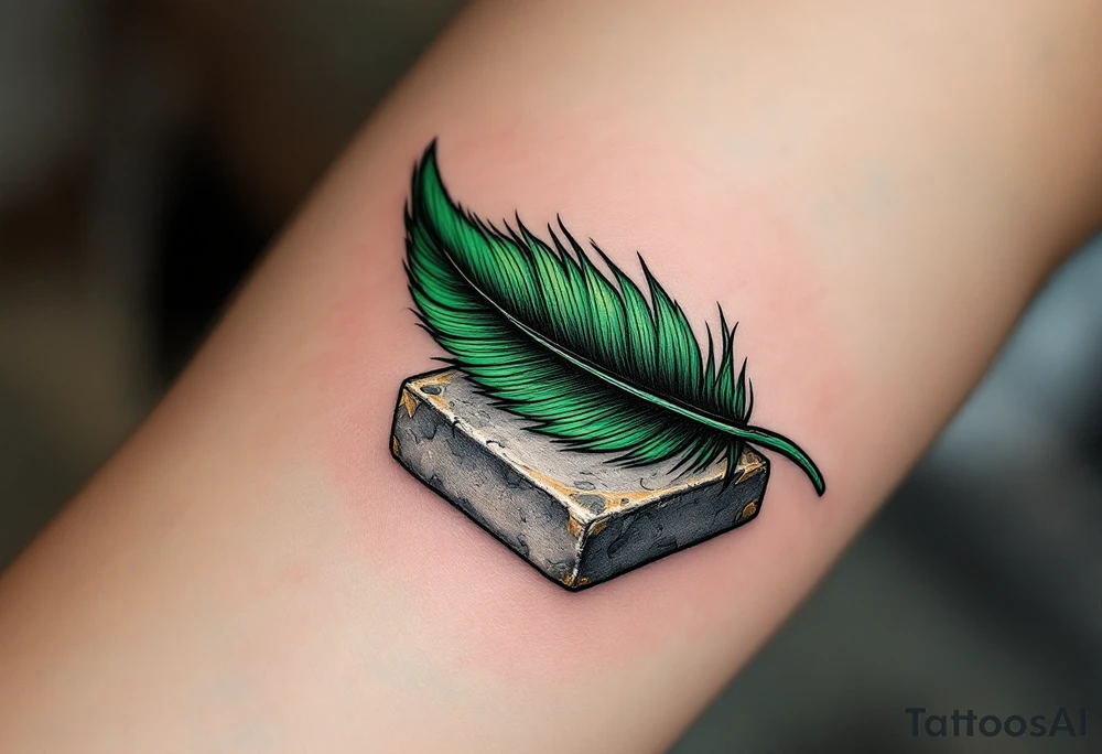 A deep green feather of Ma’at, symbolizing truth and balance, resting on a gray stone tablet. tattoo idea
