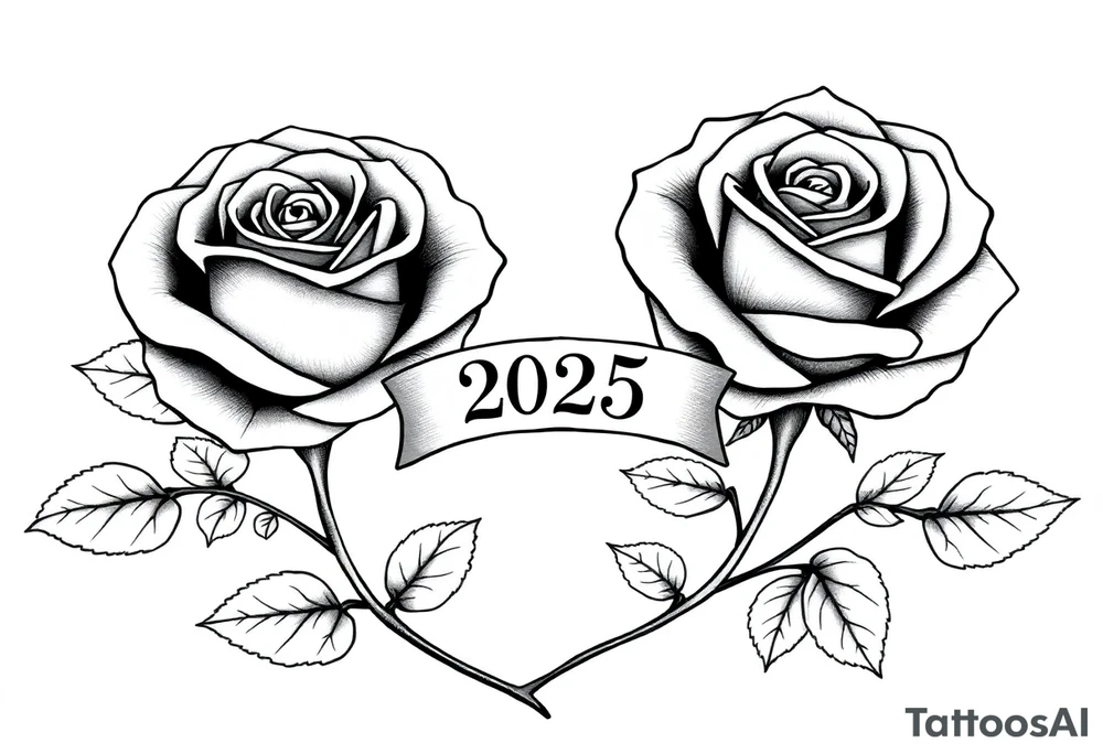two beautiful large rose buds, one larger than the other, with many leaves next to the rose buds, with one sitting higher than the other. Include a banner connecting the two roses with the year "2025" on it.   Use dark outlines with little shading. The two stems should be short, not long, and connect and join into one stem, whimsically curved or twisted - not straight down. tattoo idea