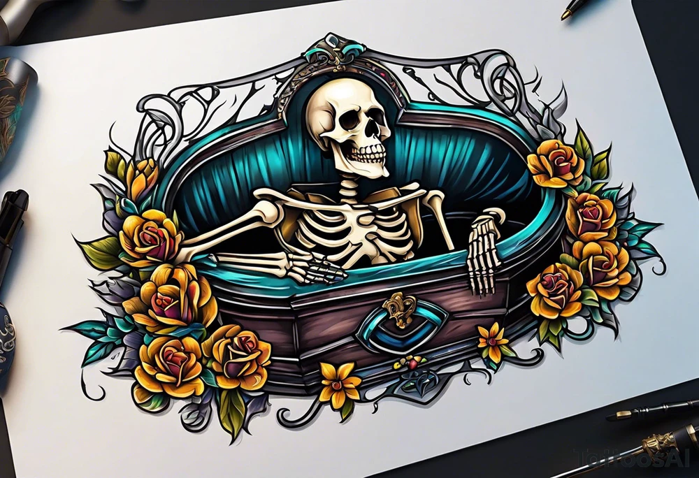 skeleton getting out of coffin tattoo idea
