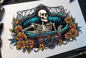 skeleton getting out of coffin tattoo idea