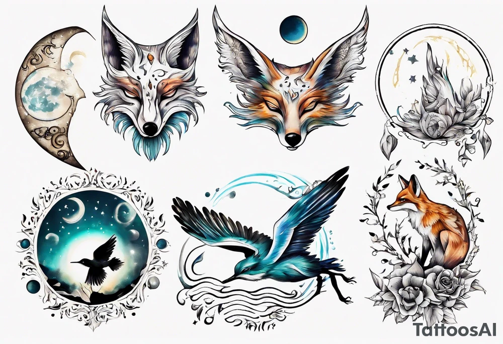 wasser sonne und mond fuchs eule kolibri tattoo idea