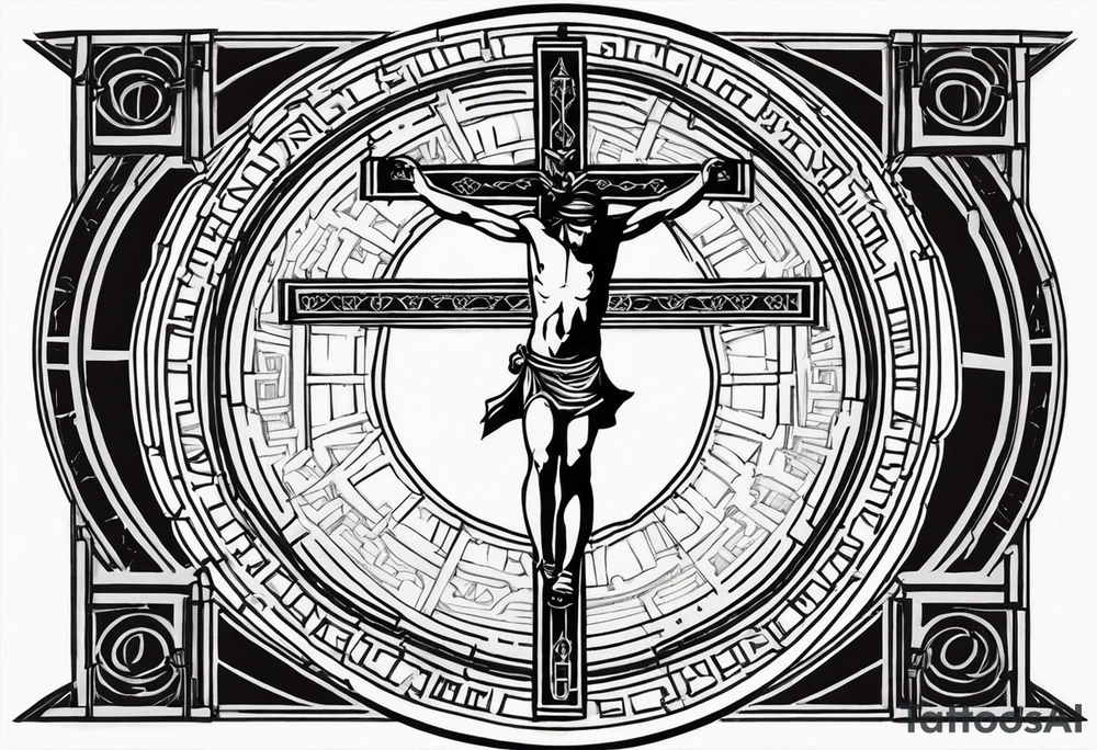 Crucified man inside a circle of Roman numerals with roman numerals on it tattoo idea