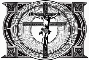 Crucified man inside a circle of Roman numerals with roman numerals on it tattoo idea