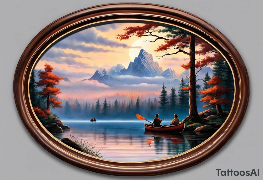 The tattoo design depicts a serene nature scene, framed within a semi-circular border. In the foreground, there are two people sitting in a canoe on a calm lake. They are paddling towards the horizon, with one person sitting at the back of the canoe and the other at the front. The back view of the people suggests a peaceful and contemplative moment shared between them.

In the background, there are majestic mountains with peaks covered in snow, creating a dramatic and picturesque landscape. The mountains are flanked by tall pine trees on either side, adding to the wilderness feel of the scene. Above the mountains, a large sun is either rising or setting, casting a tranquil glow over the entire scene. Birds are flying in the sky, adding to the sense of freedom and natural beauty.

The entire scene is rendered in a minimalist, black and white, line-drawing style, giving it a clean and elegant appearance. The semi-circular frame around the design focuses attention on the central elements and adds a sense of completeness to the image. black and white tattoo idea