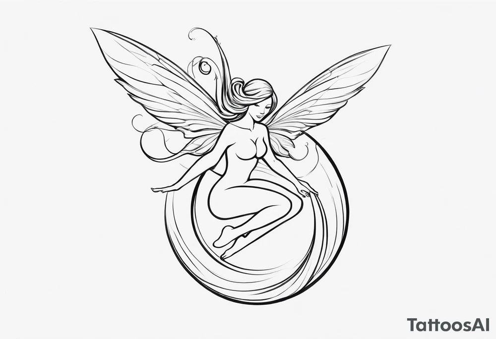 Minimalistic, monochromatic fairy with a tail flying to the left in a fetal position, leaning and looking in the same direction, with visible hands, embodying the 'Fairy Tail' logo aesthetic. tattoo idea