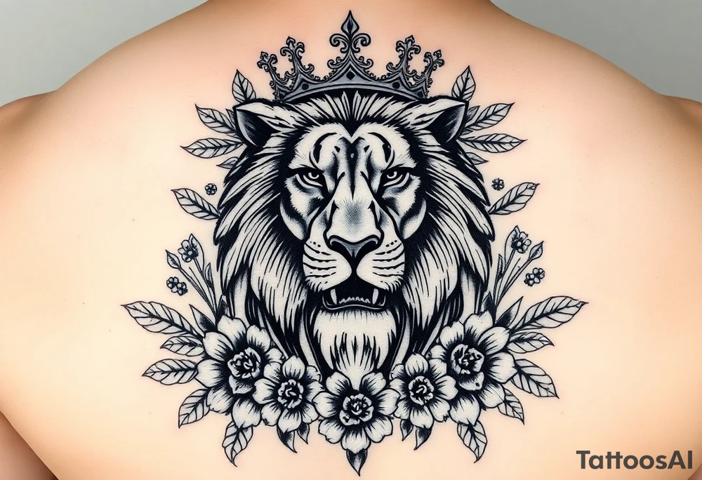 powerful majestic lion with a crown, surrounded by floral ornaments and birds tattoo idea