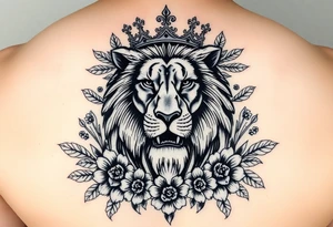 powerful majestic lion with a crown, surrounded by floral ornaments and birds tattoo idea