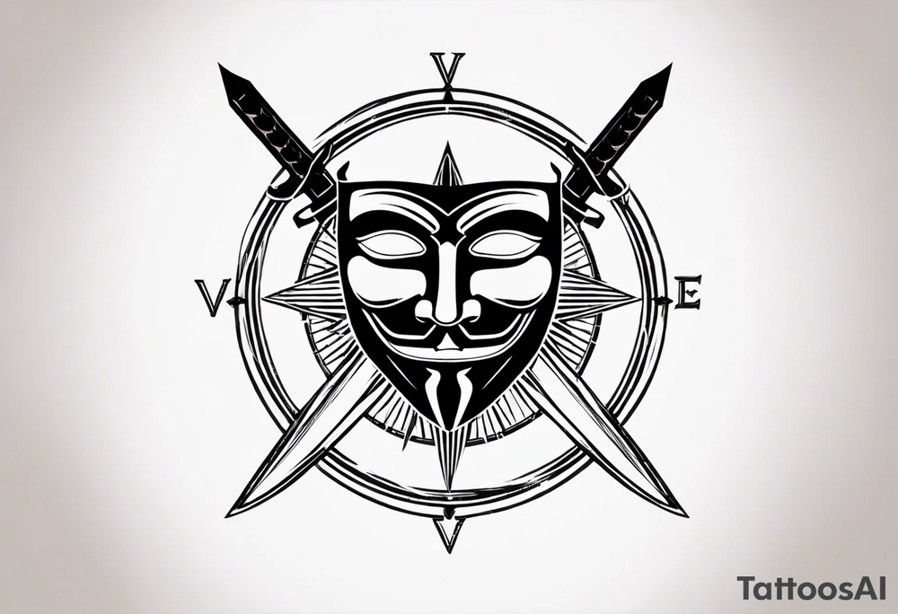 Centered v for vendetta, mask only. No hat.   Vintage compass surround. Crossed fencing swords. tattoo idea