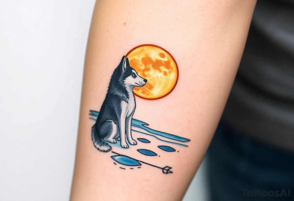 smALL HUSKY LOOKING AT A TRIBAL MOON STANDONG IN THE SAND IN THE SEA WITH THE CONSTALATION OF SAGITARIUS PUT COLOR ADD ARROW tattoo idea