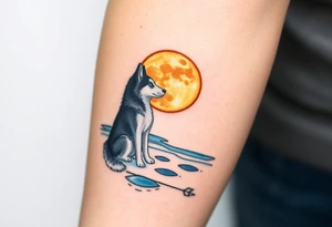 smALL HUSKY LOOKING AT A TRIBAL MOON STANDONG IN THE SAND IN THE SEA WITH THE CONSTALATION OF SAGITARIUS PUT COLOR ADD ARROW tattoo idea